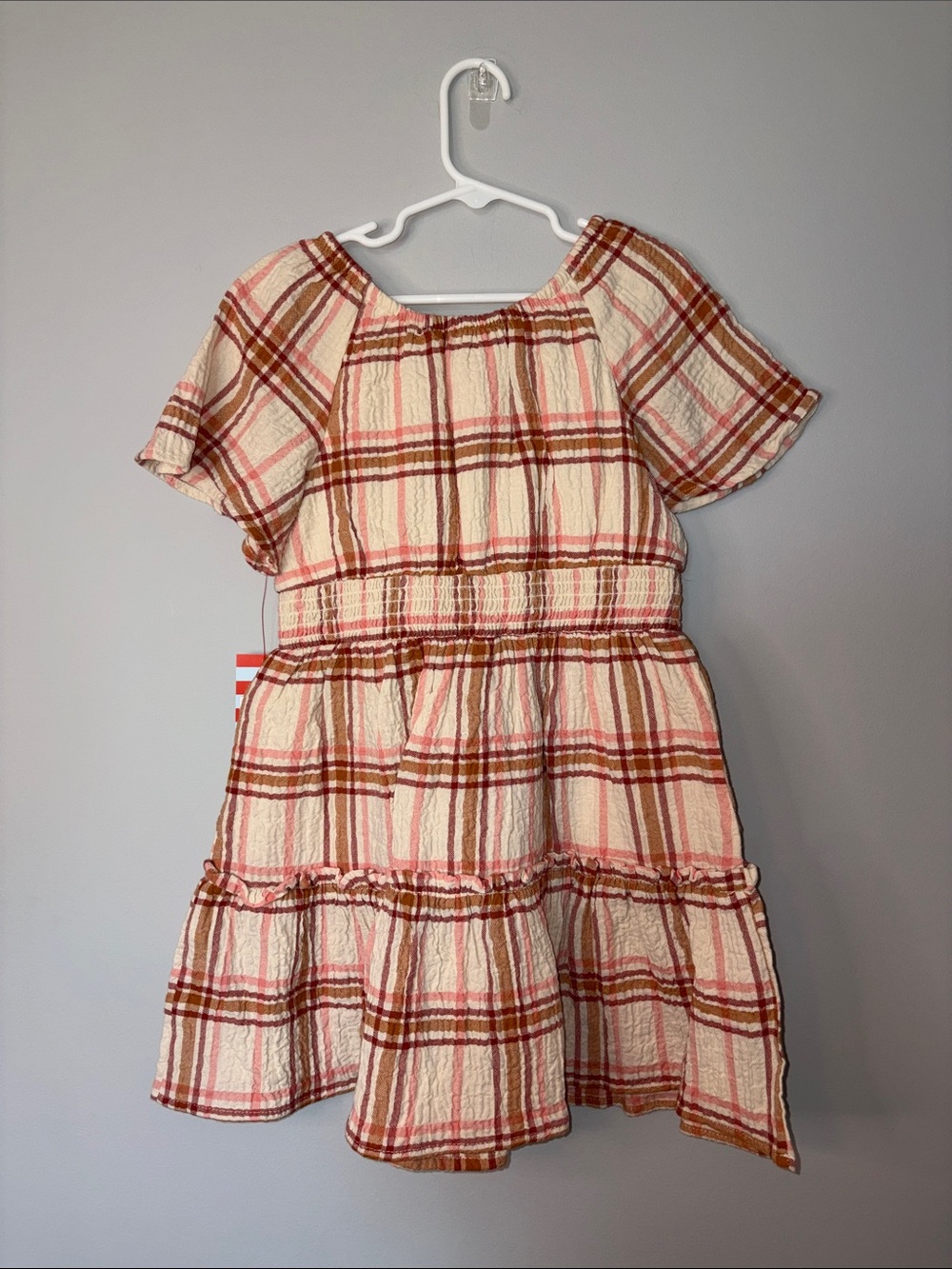 NWT Cat & Jack Cream and Pink Plaid Smocked Waist Dress Youth S - Picture 5 of 5